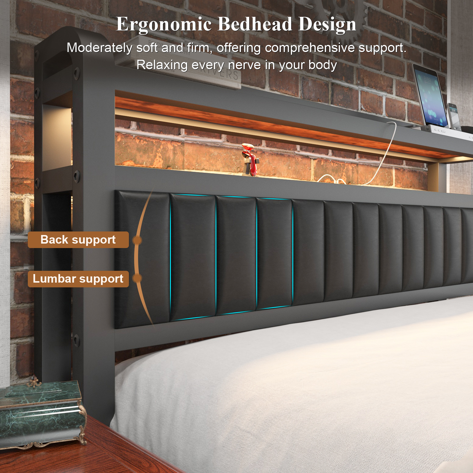 LoVinson Full Bed Frame with Storage Headboard and LED Sensor Lights, Upholstered Headboard with Charging Station, Metal Platform Bed with Drawers, Non-Slip, Noise-Free, Easy Assembly, Black