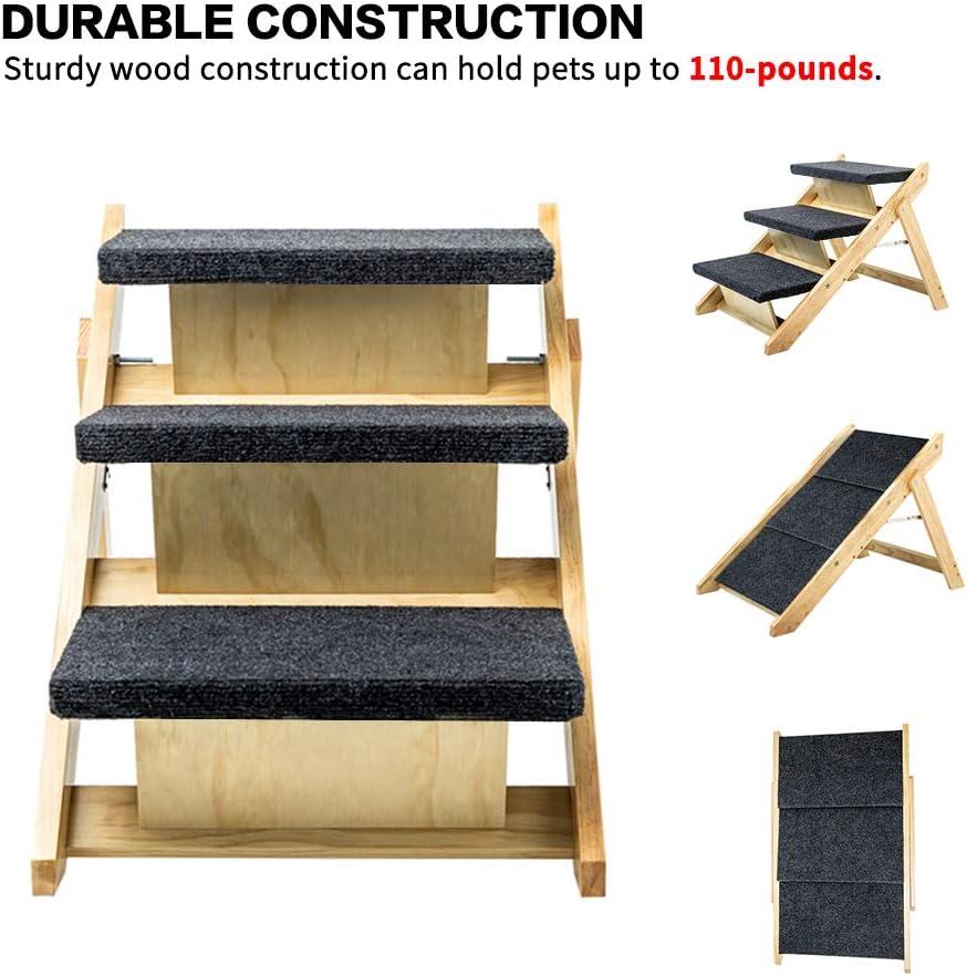 MEWANG Wood Pet Stairs/Pet Steps - Foldable 3 Levels Dog Stairs & Ramp Perfect for Beds and Cars - Portable Dog/Cat Ladder Up to 110 Pounds