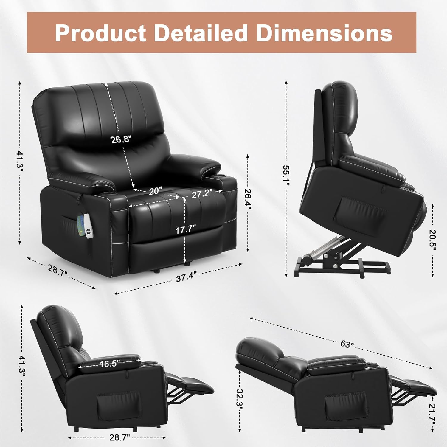 Large Lift Chair, Oversized Power Lift Recliner Chair for Elderly, Lift Chair Recliner for Elderly with Heat and Massage, Faux Leather Lift Chair with Cup Holders, USB Ports, Infinite Position