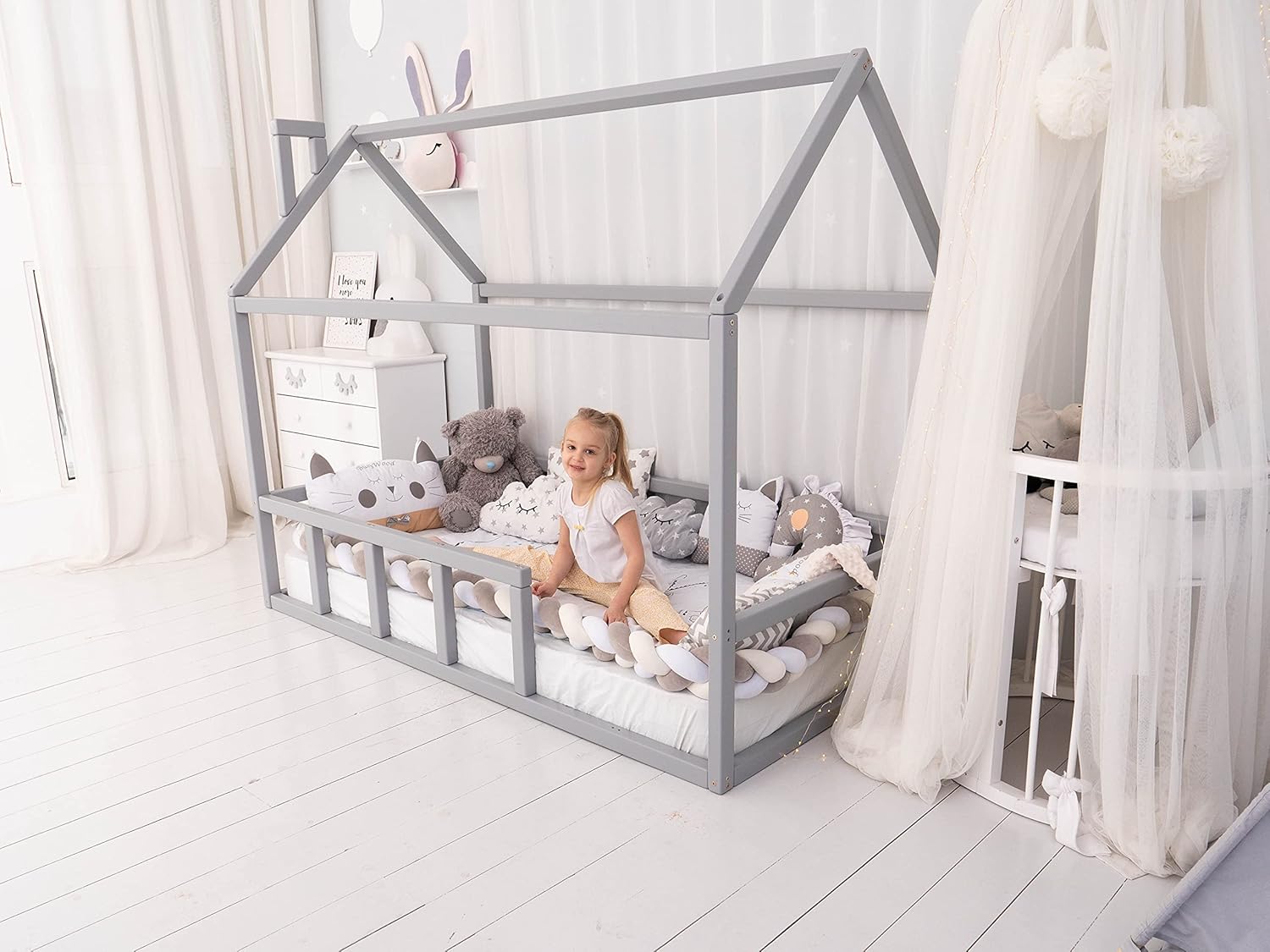 BUSYWOOD Montessori Twin House Bed - Toddler Floor Bed Frame - Kids Furniture - Indoor Playroom - Floor Bed House - Montessori Bed for Toddlers (Model 2, Grey, Floor Bed)