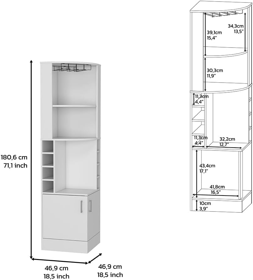 71.1" Tall Corner Bar Storage Cabinet Farmhouse Wine Bar Cabinet Station Wine Rack for Liquor Glasses, Kitchen Pantry Whiskey Cabinet Coffee Home Bar Cabinet, 18.4x19.4x71.1in-White Finish