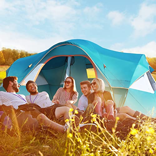 UNP Camping Tent 10-Person-Family Tents, Parties, Music Festival Tent, Big, Easy Up, 5 Large Mesh Windows, Double Layer, 2 Room, Waterproof, Weather Resistant, 18ft x 9ft x78in