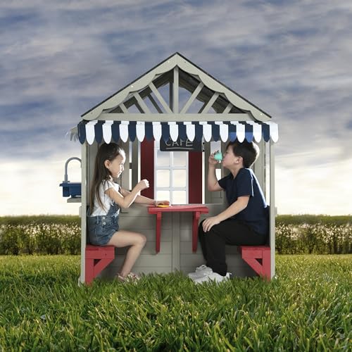 Delta Children MySize Deluxe Outdoor Playhouse with Play Sink with Running Water, Picnic Table & Mailbox – Premium Wooden Cedar Playhouse for Kids, Grey