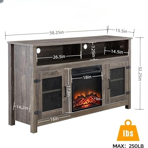 Modern Farmhouse Fireplace TV Stand with Electric Fireplace for Living Room, Media Entertainment Center for TVs up to 65" with Storage Cabinet and Adjustable Shelves, Grey Color