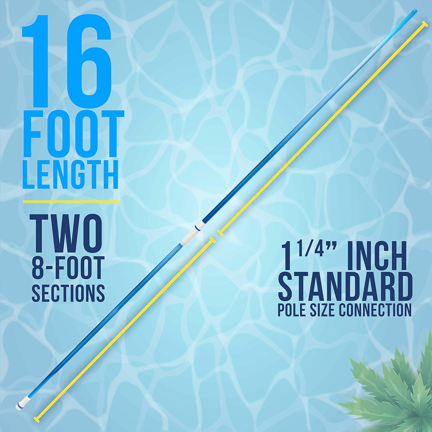 U.S. Pool Supply Professional 16 Foot Blue Anodized Aluminum Telescopic Swimming Pool Pole, Adjustable 2 Piece Expandable Step-Up - Attach Connect Skimmer Nets, Rakes, Brushes, Vacuum Heads with Hoses