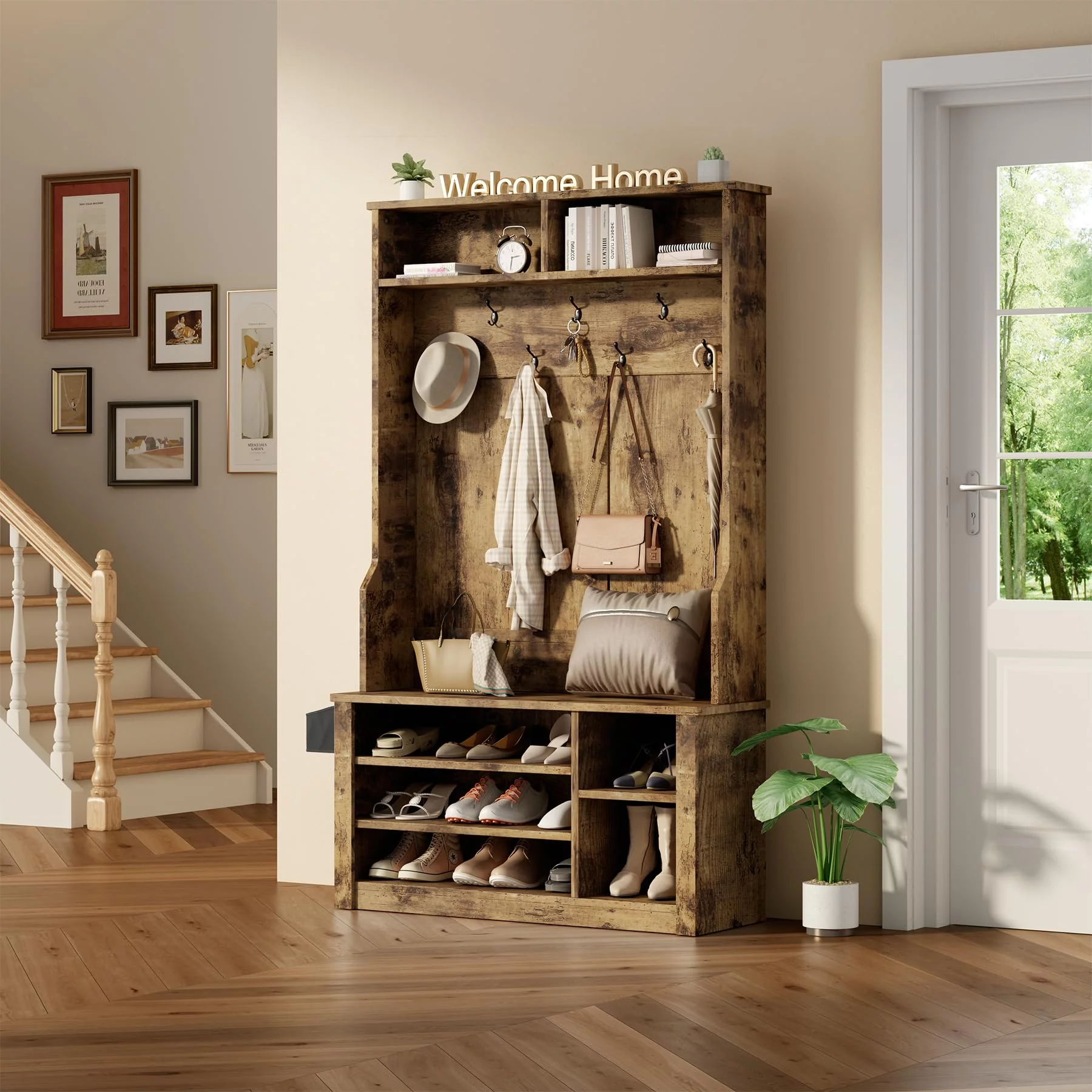 Lofka 5-in-1 Hall Tree with Bench and Shoe Storage, Entryway Hall Tree with Coat Rack, Adjustable Shoe Storage, 2-tier top storage, Rustic Brown