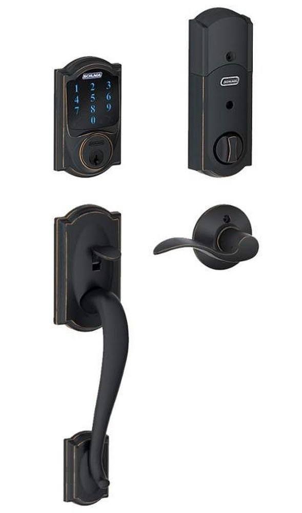 Schlage Camelot Aged Bronze Touchscreen Deadbolt with Alarm and Handleset with Accent Interior Lever