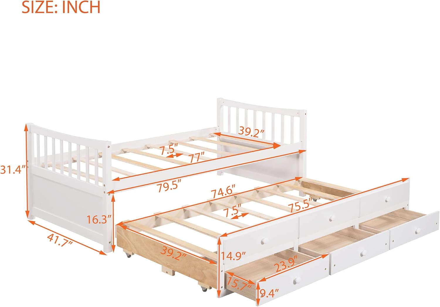 Harper & Bright Designs Daybed with Trundle and Storage Drawers,Wood Twin Captains Bed, Trundle Daybed with Storage for Kids Teens or Adults (Twin,White)