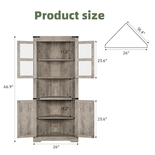 Farmhouse Corner Cabinet, Tall Corner Cabinet with Barn Door & Adjustable Shelves, Corner Storage Cabinet for Living Room, Kitchen, Bathroom, White