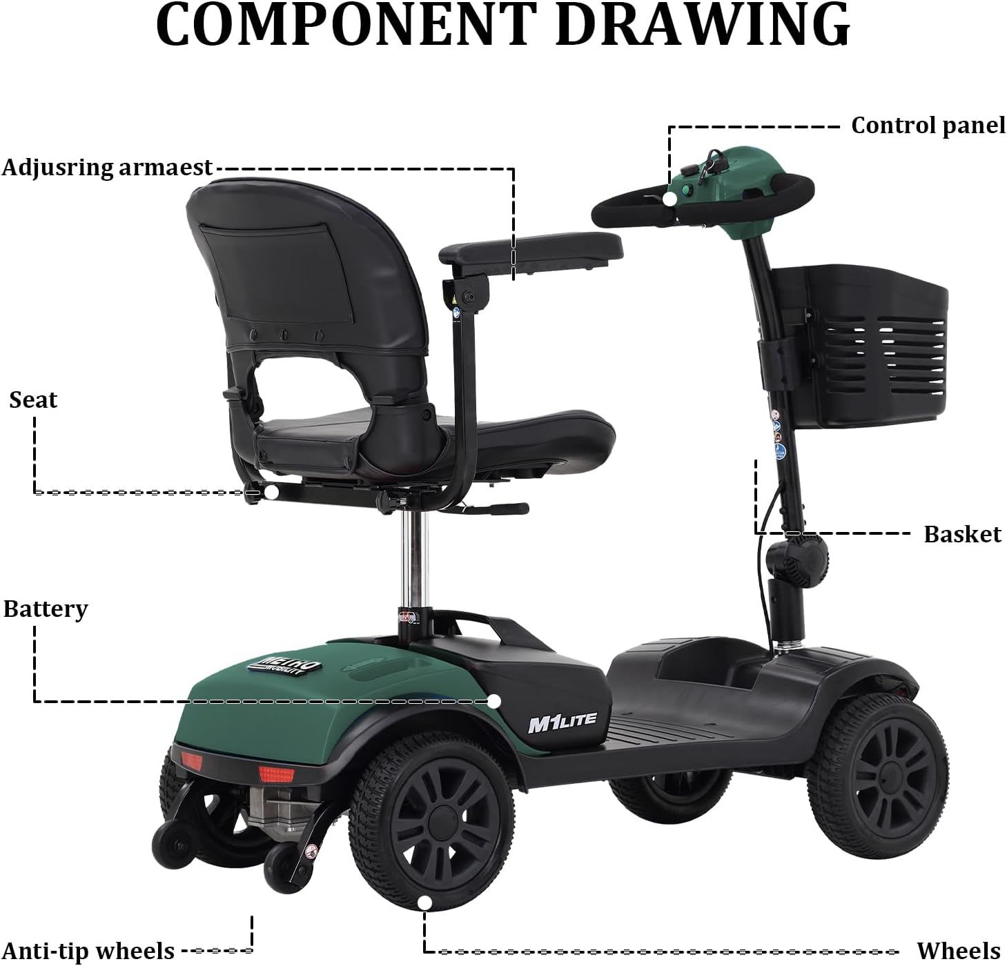 Electric Mobility Scooter for Adults Seniors Wheelchair Device for Travel 4 Wheel Folding Scooter with Seat-300 lbs Max Weight Long Range Power Extended Battery with Charger and Basket - Green