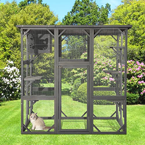 Grepatio Cat Enclosure Large Outdoor Catio Wooden Cat House with Weatherproof, Cat Cage Condo Indoor Playpen with Platform and Small House (Grey)