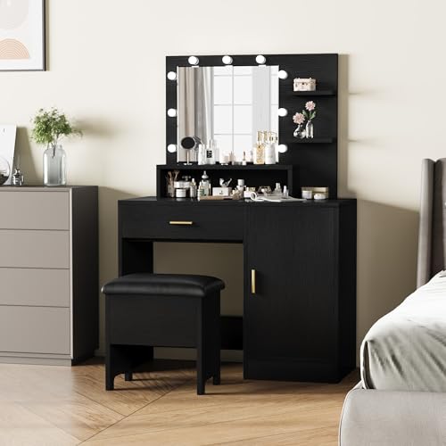 GAOMON Vanity Desk with Mirror and Lights, Makeup Vanity with Drawer, 3 Level Cabinets & 3 Tiers of Open Shelves, Bedroom Dressing Table, White