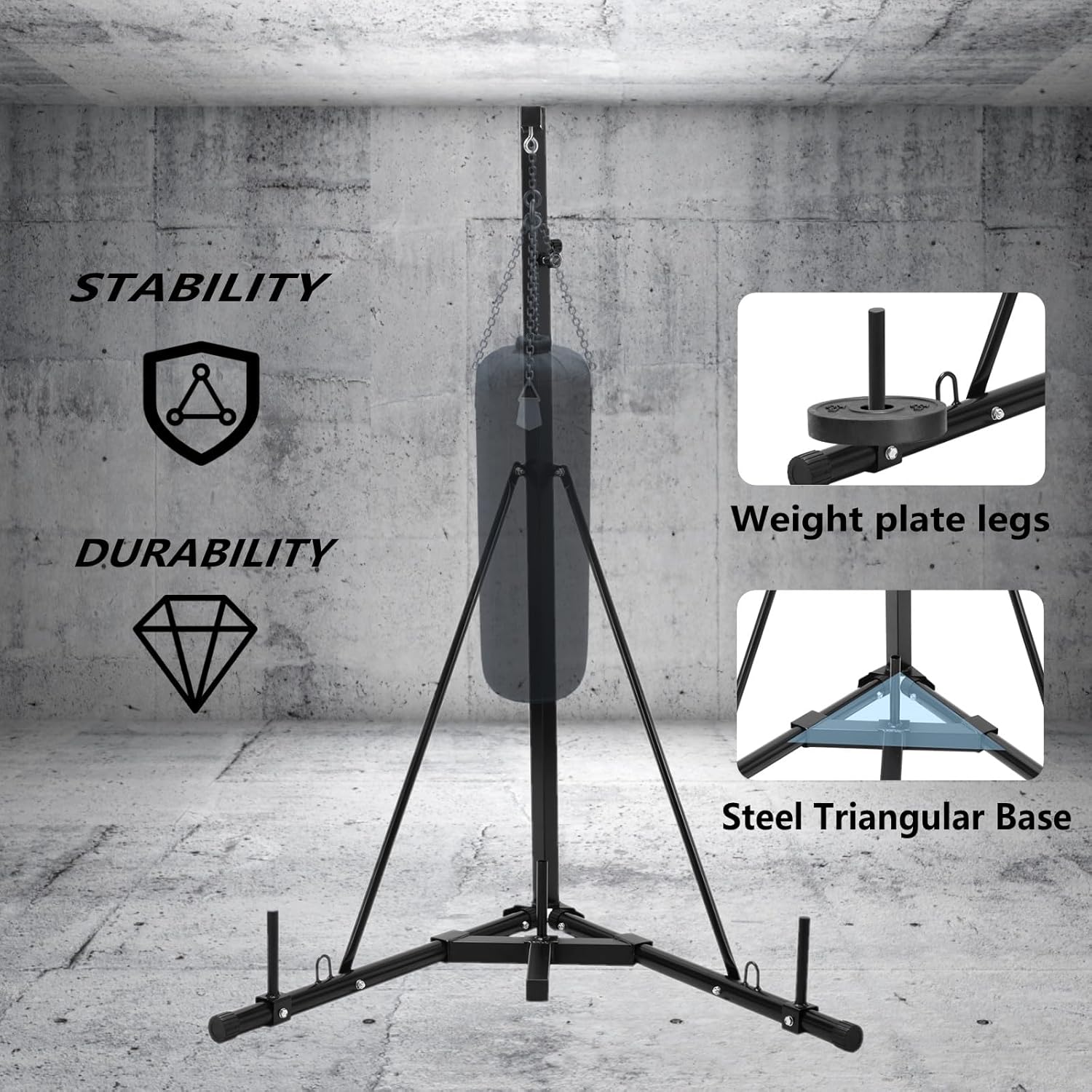 Height Adjustable Punching Bag Stand, Heavy Duty Boxing Bag Stand, Heavy Bag Stand Steel Sandbag Rack Independent to 150 lbs for Home Gym Fitness (Only Stand)