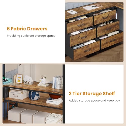 ADORNEVE Loft Bed Full Size with U-Shaped Desk, 6 Storage Drawers, Power Outlet, LED Metal Loft Bed with 2 Storage Shelves, Bed with Safety Guardrail & Ladders, No Box Spring Needed, Rustic Brown