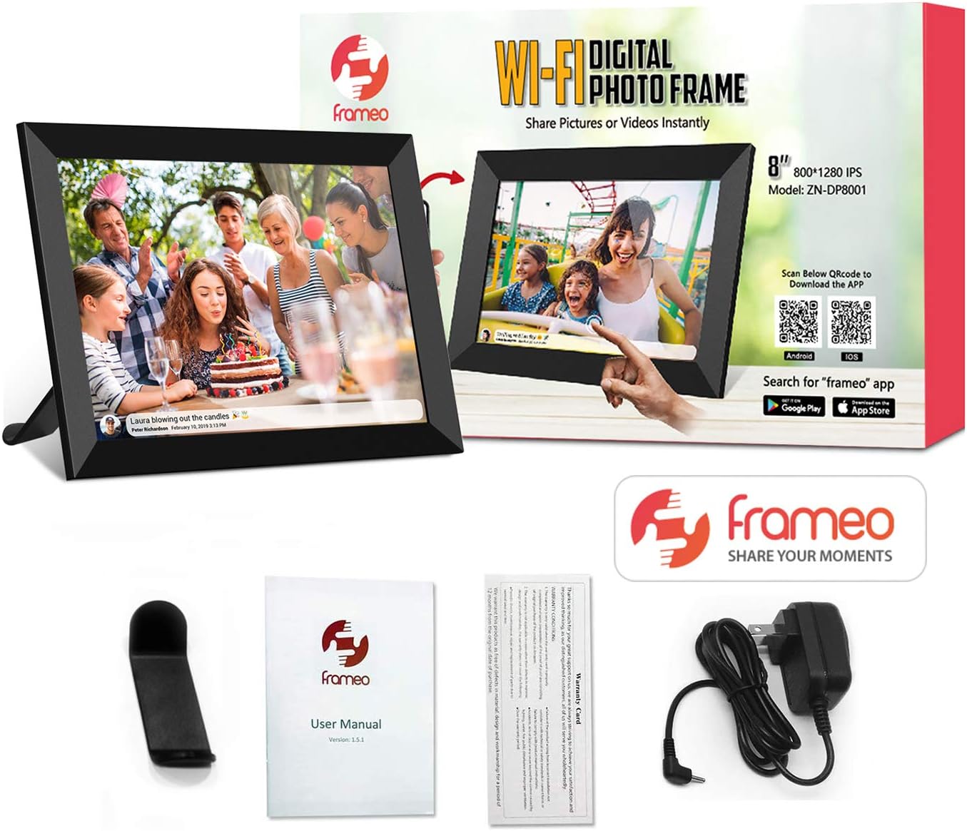 FRAMEO Digital Photo Frame WiFi 8 Inch 1920×1200 FHD IPS Touch Screen, 16GB Storage, Support USB Drive & SD Card, Auto-Rotate, Easy Setup to Share Photos or Videos Anywhere via Free App
