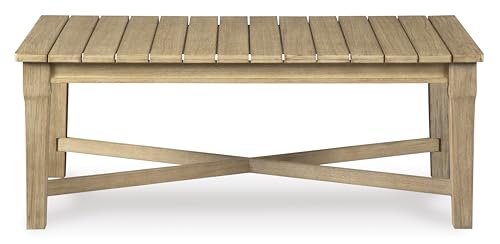 Signature Design by Ashley Carter Hall Outdoor Eucalyptus Patio Sofa with Cushion, Beige