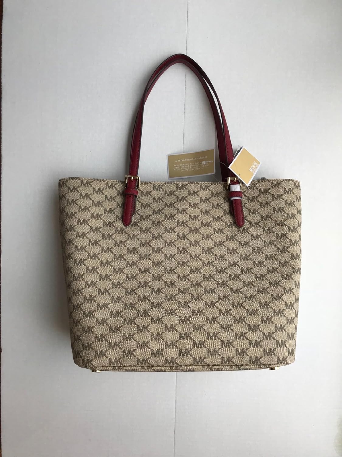 Michael Michael Kors Logo Jet Set Large Multi Function Pocket Front Leather Tote Bag Natural/Cherry