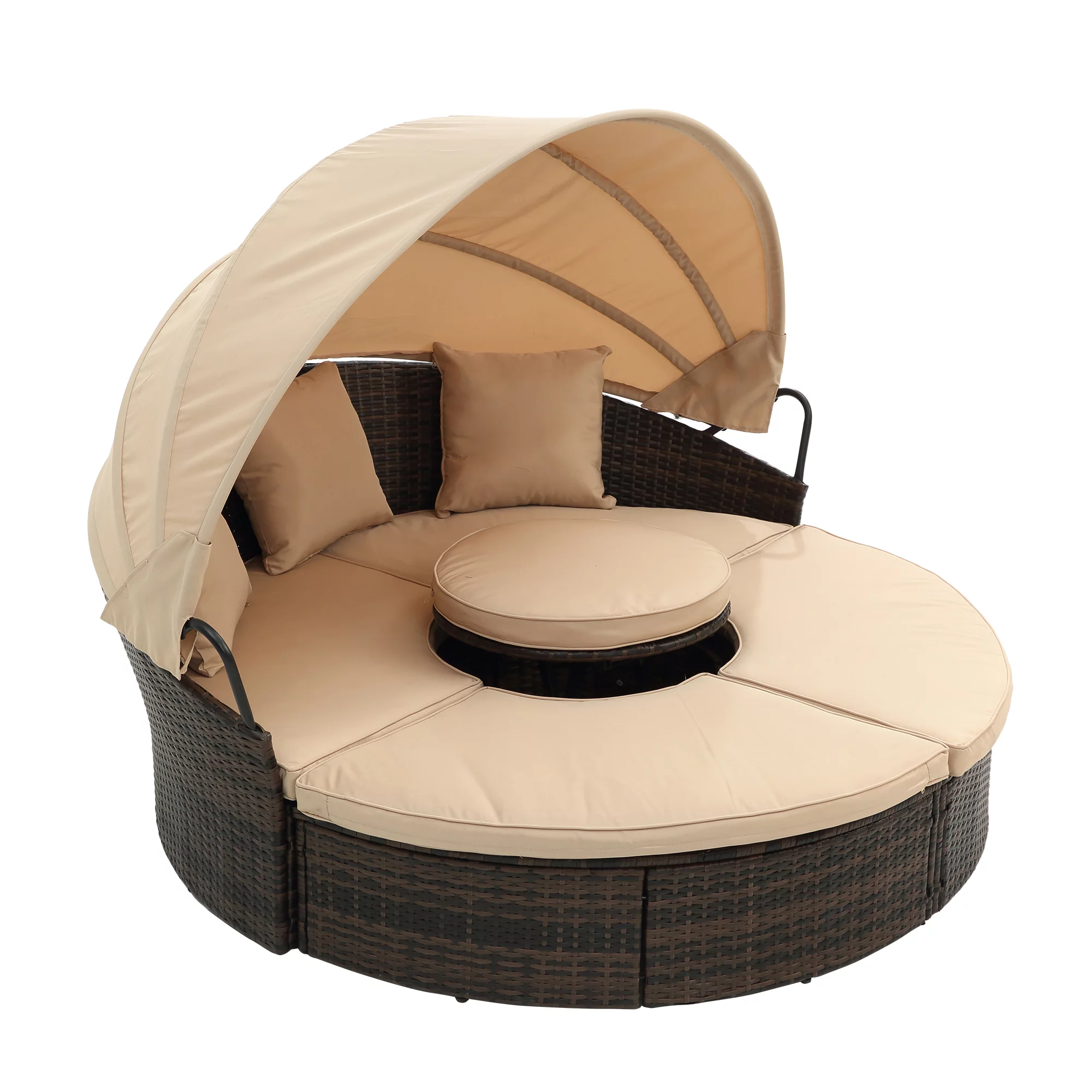 SZLIZCCC Outdoor Patio Daybed with Retractable Canopy, Rattan KD Wicker Daybed Outdoor with Lift Coffee Table, Round Patio Furniture Patio Bed for Lawn Garden Backyard Porch Pool