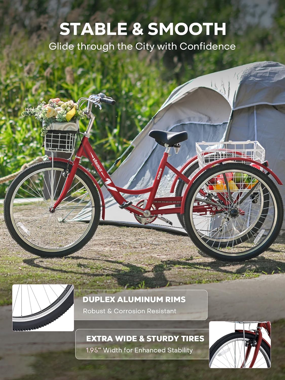 Viribus Adult Tricycle, 7 Speed Tricycle for Adults with Front & Rear Removable Wheeled Baskets, 3 Wheel Bikes for Adults 24 or 26 in, Adult Tricycles for Women Men, Adults Trike 400 lb. Berry Red