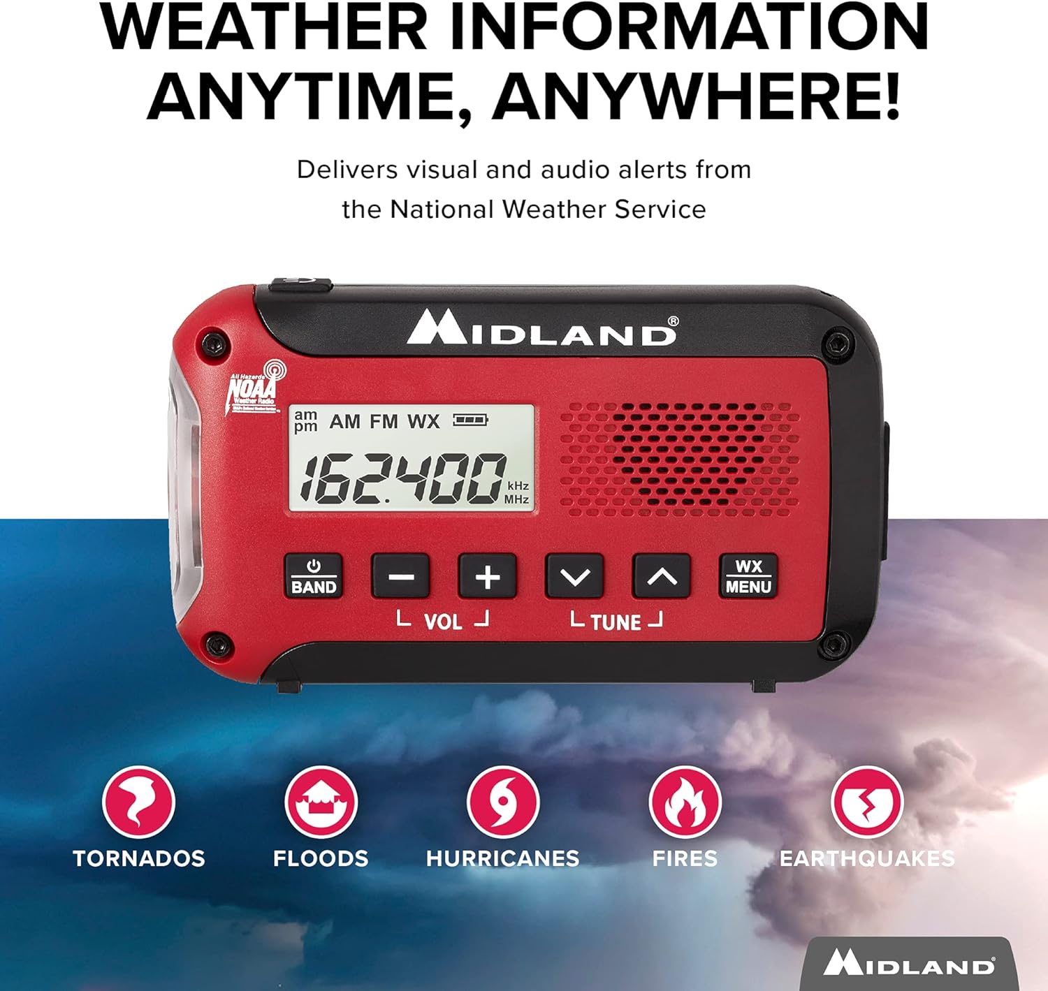 Midland - ER310, Emergency Crank Weather AM/FM Radio - Multiple Power Sources, SOS Emergency Flashlight, Ultrasonic Dog Whistle, & NOAA Weather Scan + Alert (Red/Black)