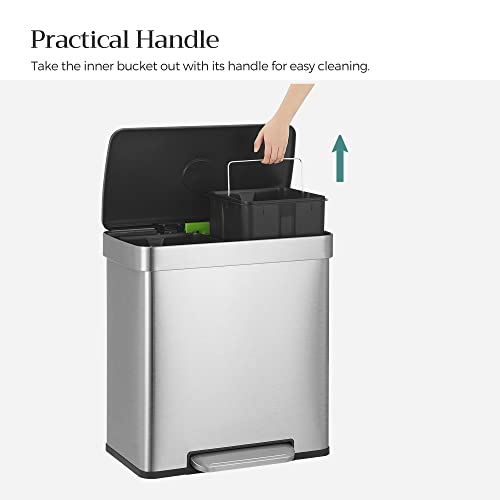 SONGMICS Kitchen Trash Can, 16 Gallons (2 x 8 Gallons) Dual Compartment Garbage Can, 60L Pedal Recycling Bin, Stay-Open Lid and Soft Closure, Stainless Steel, 15 Bags Included, Silver ULTB202E01
