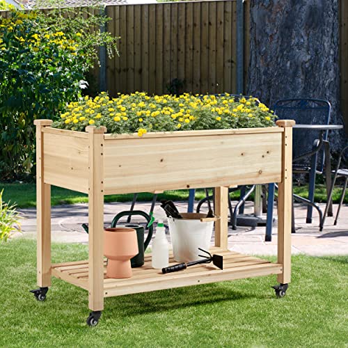 Yaheetech 42x23x33in Wooden Raised Garden Bed with Wheels Horticulture Flower Planter Boxes Elevated Vegetables Growing Bed for Grow Herbs and Vegetables, 2 PCS