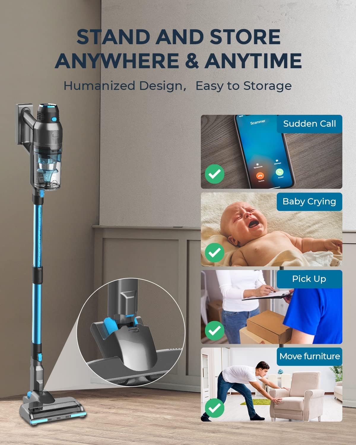 Syvio Cordless Vacuum Cleaner with Self Stand, 22KPa 235W Dry Lightweight Stick Vacuum 6 in 1, 40Min Runtime, Adjustable Height, LED Light, Rechargeable Battery for Floor, Carpet, Pet Hair, Quiet