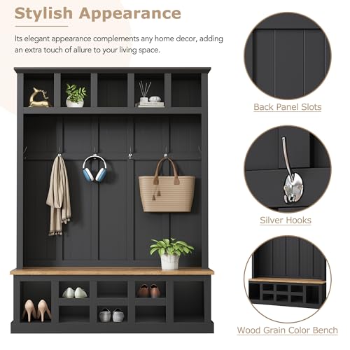 LUMISOL Wide Entryway Hall Tree with Storage Bench, 78''H Entryway Shoe Cabinet with Cube Storage, Hallway Coat Rack with 6 Hooks for Mudroom Living Room, Black