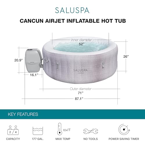 Bestway SaluSpa Cancun AirJet 2 to 4 Person Inflatable Hot Tub, 71 x 26 Inch Round Portable Outdoor Spa with 120 Soothing Jets and Cover, Gray