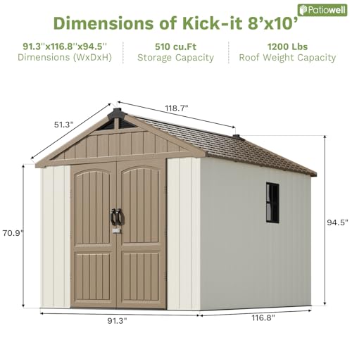 Patiowell 8 x 12 FT Plastic Outdoor Storage Shed with Floor, Resin Shed with Window and Lockable Door for Garden, Backyard, Tool Storage Use, Easy to Install in Beige (Kick-it Shed)