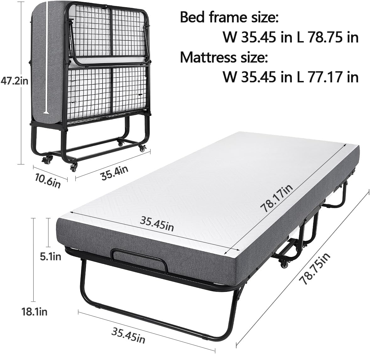 Folding Bed, (with 5.2" Thick Memory Foam Mattress), 79 * 35inch, Portable Foldable Adult with Mattress for Guest use, Metal Folding Frame, Reinforced Metal mesh, can Hold up to 550 lbs (Tau-ZDD)