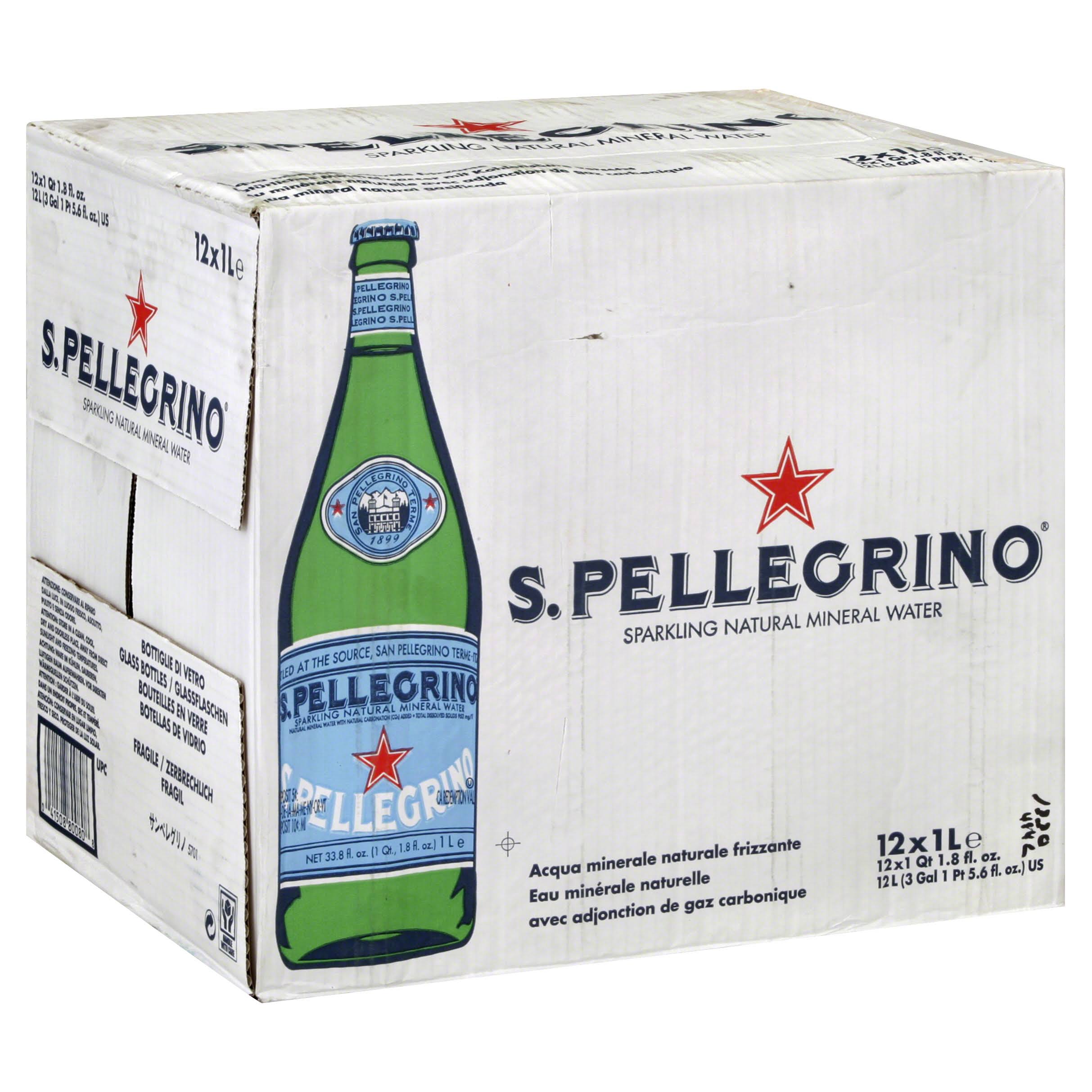 San Pellegrino Sparkling Natural Mineral Water - 12 - 1 qt 1.8 fl oz (1 lt) bottles