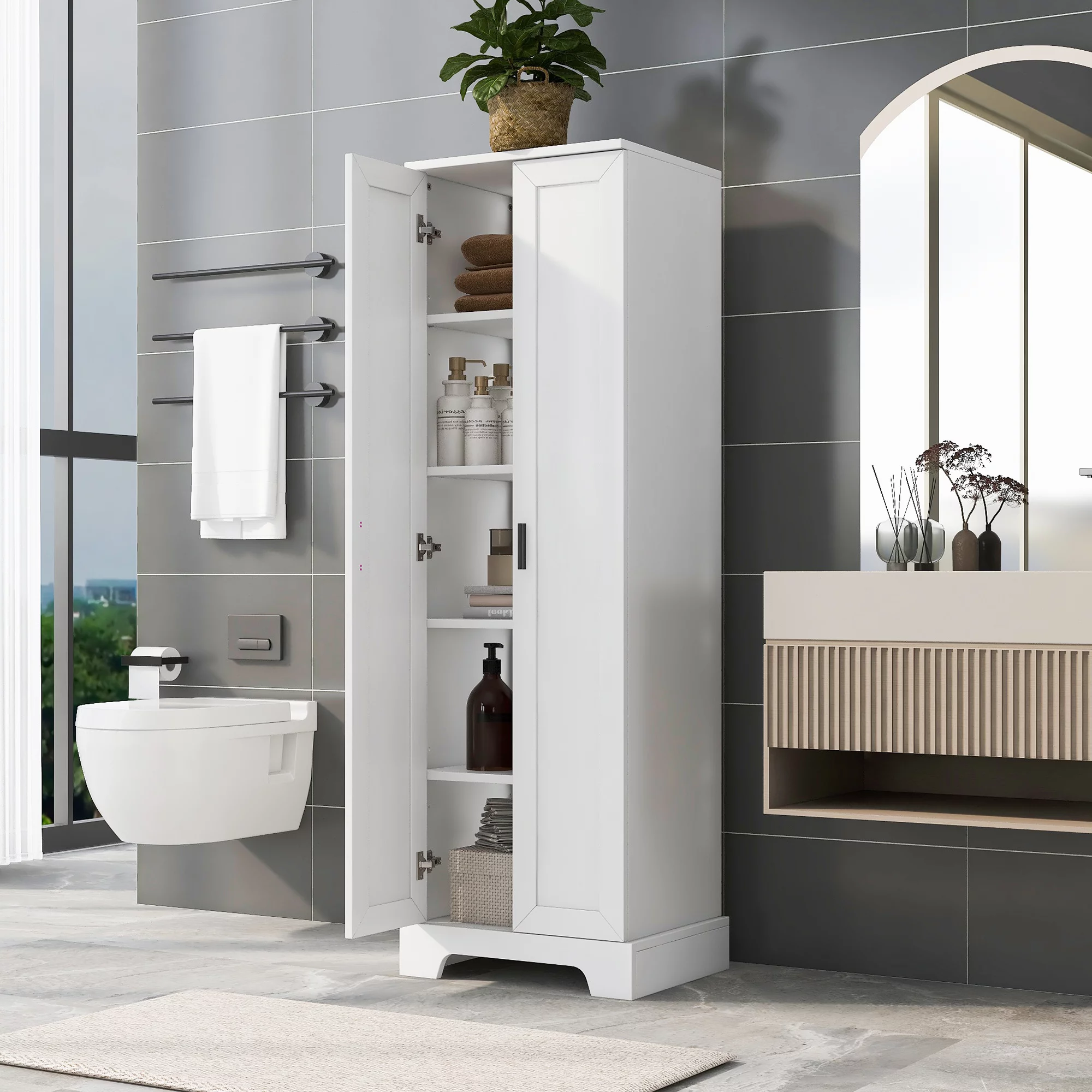 Bellemave Wooden Storage Cabinet with Adjustable Shelves Freestanding Tall Storage Cabinet for Bathroom, Kitchen, Living Room Water Proof Floor Cabinet for Home Office, White