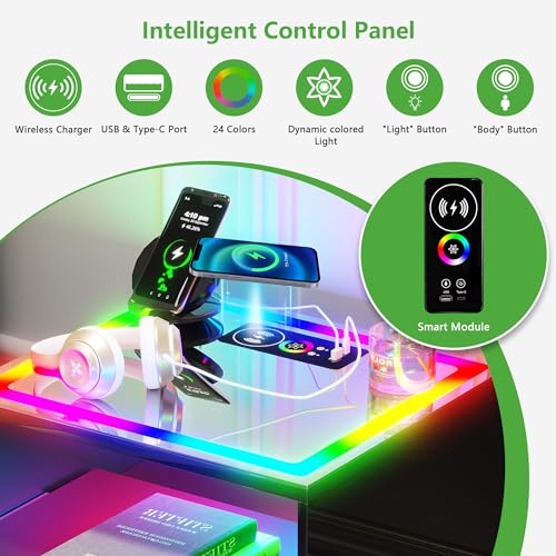 HNEBC RGB LED Nightstand with Wireless Charging Station, Smart Night Stand with 3 Drawers and Sliding Tray, Modern Bedside Table for Bedroom Furniture, High Gloss End Sofa Tables (B Black)