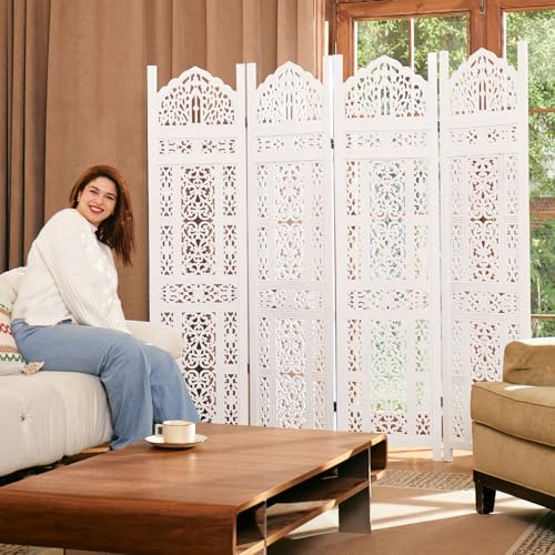 5.75Ft Room Divider Wood Carved Wall Divider Indoor Folding Portable Partition Screen for Home Office Garden Terrace - 4 Panel (Antique Brown)