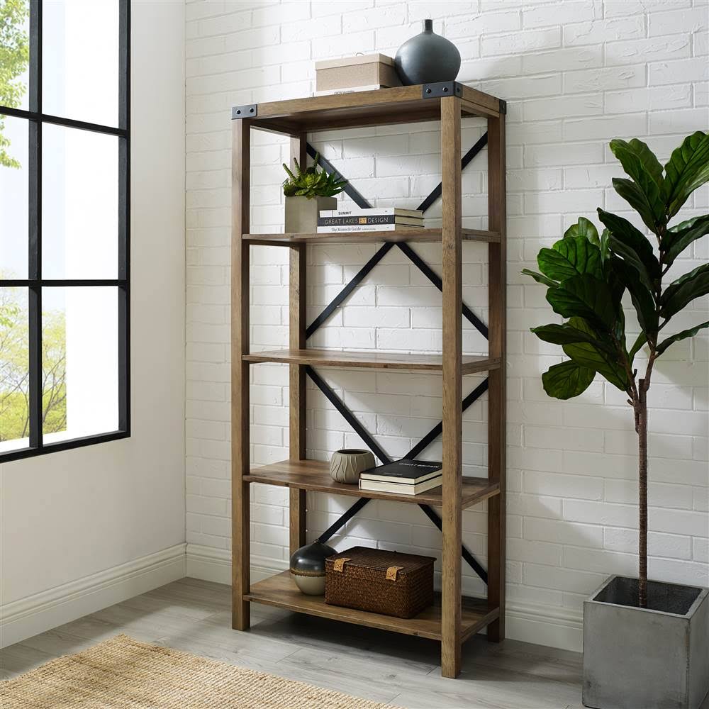 Walker Edison 64x22 Farmhouse Metal Bookcase Rustic Oak