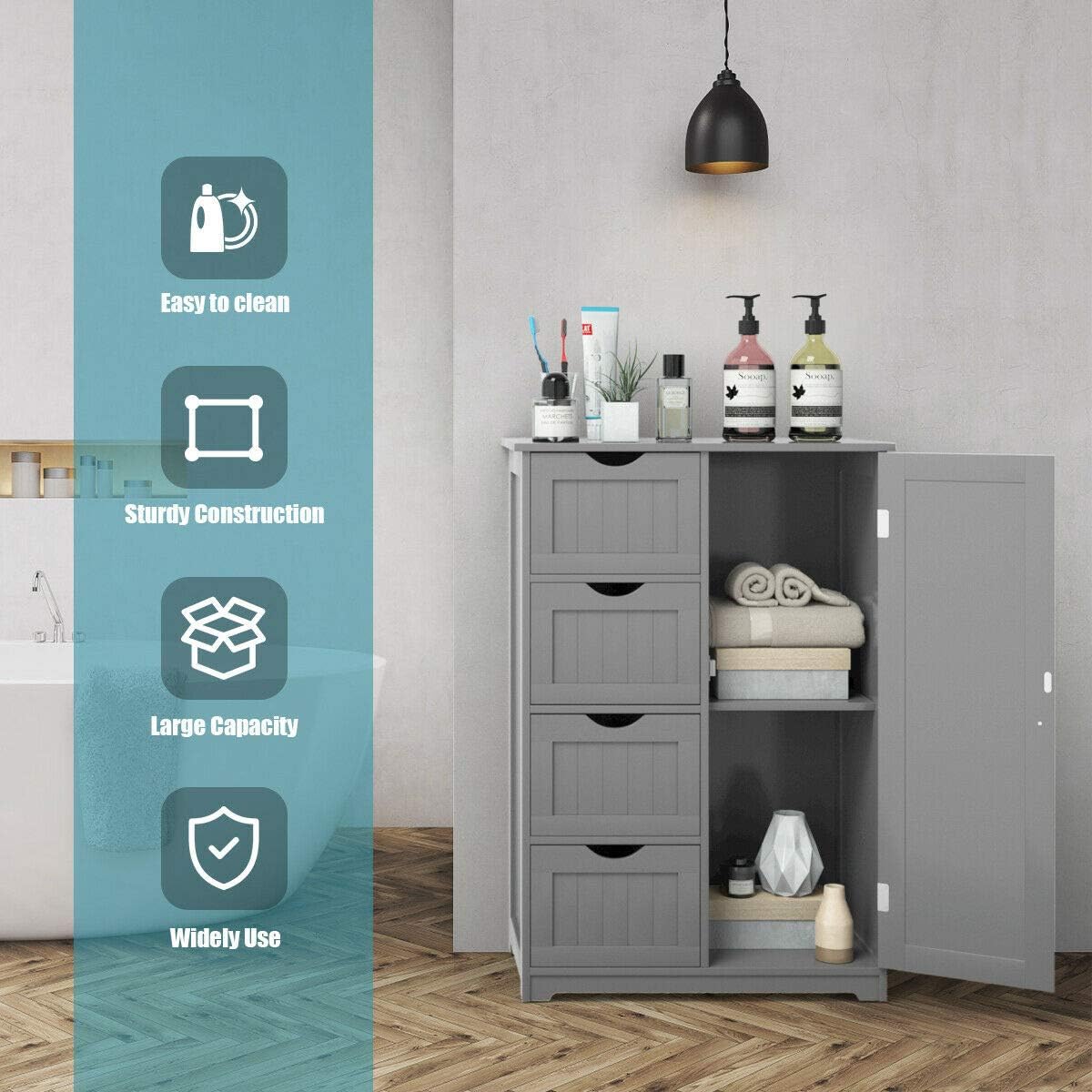 Elegant Design Multifunction Freestanding Bathroom Floor Cupboard Cabinet Storage Organize with 4 Drawer Adjustable Sturdy Durable for Toilet, Living Room, Bedroom, Corridor, Office Grey
