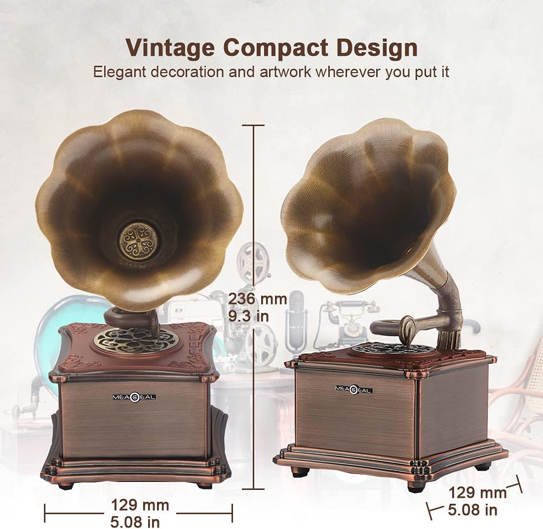 MEAGEAL Mini Retro Bluetooth Speaker, Vintage Metallic Gramophone Shape USB Wireless Speaker Phonograph Shape with Stereo Sound, Copper Horn,Aluminum Body,3.5mm Aux,TF Card…