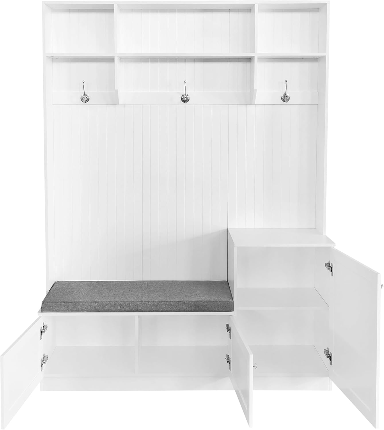Entryway Hall Tree with Cushion Bench, Shoe Storage Cabinets, 3 Shelves and Hooks, 4-in-1 Elegant Design Coat Rack for Hallway, White