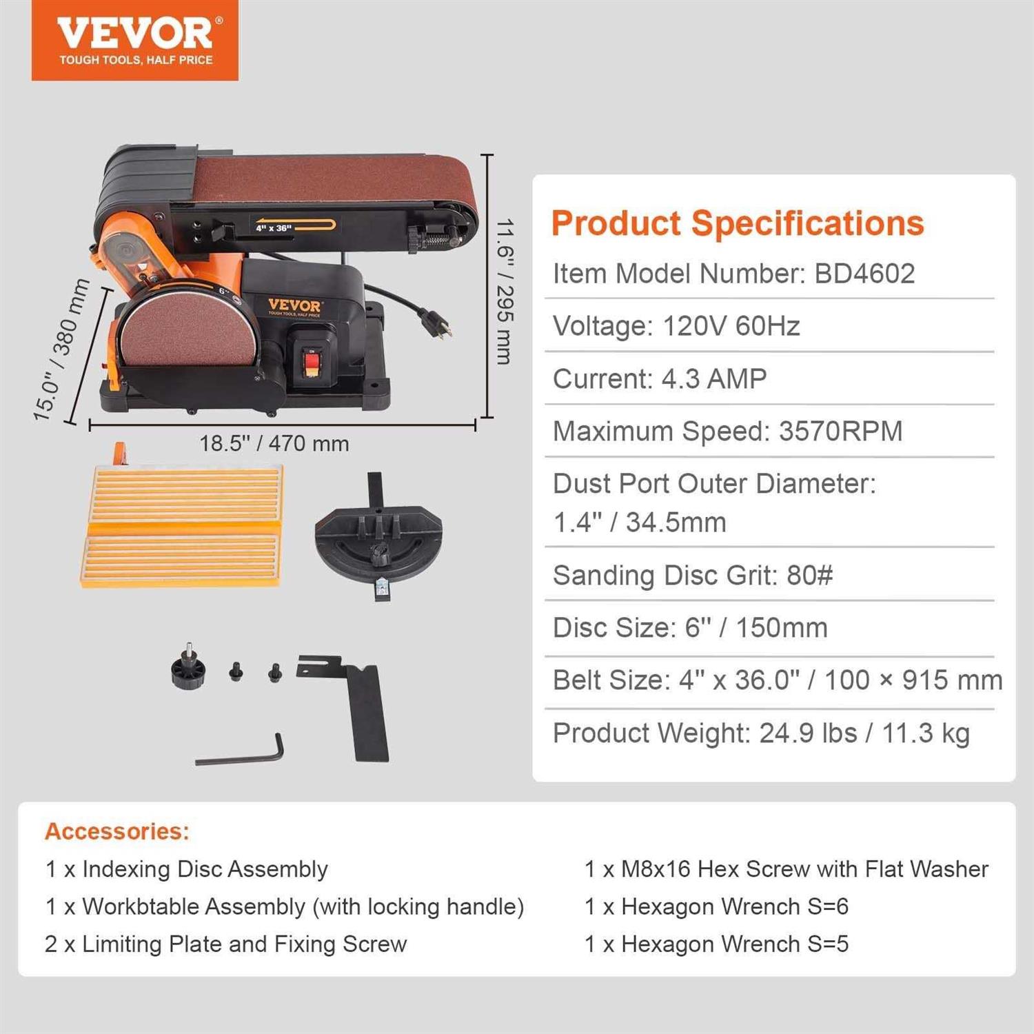 VEVOR Belt Disc Sander Combo 6 Disc Sander and 4×36 Belt Sander with 4.3A Induction Motor 3570RPM Bench Sander & 0-90° Tiltable Belt and 0-45°