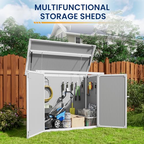 Amopatio 41 Cu Ft Outdoor Storage Shed, Horizontal Resin Trash Can Storage, Weather Resistance, Storage Box with Floor Included for Garden Tools, Lawn Mowers, Garbage Cans, Patio Use, Sandstone