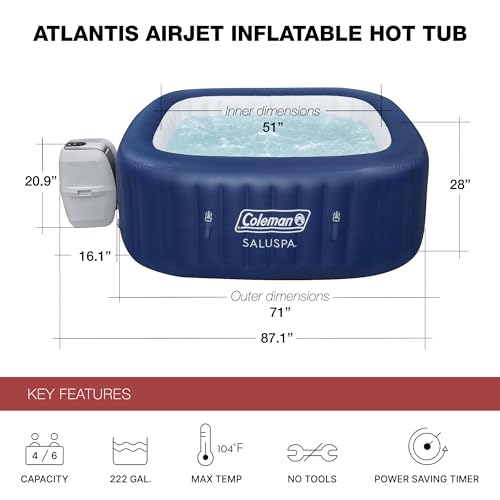 Coleman SaluSpa AirJet 4 to 6 Person Inflatable Hot Tub Square Portable Outdoor Spa with 140 Soothing AirJets and Insulated Cover, Gray