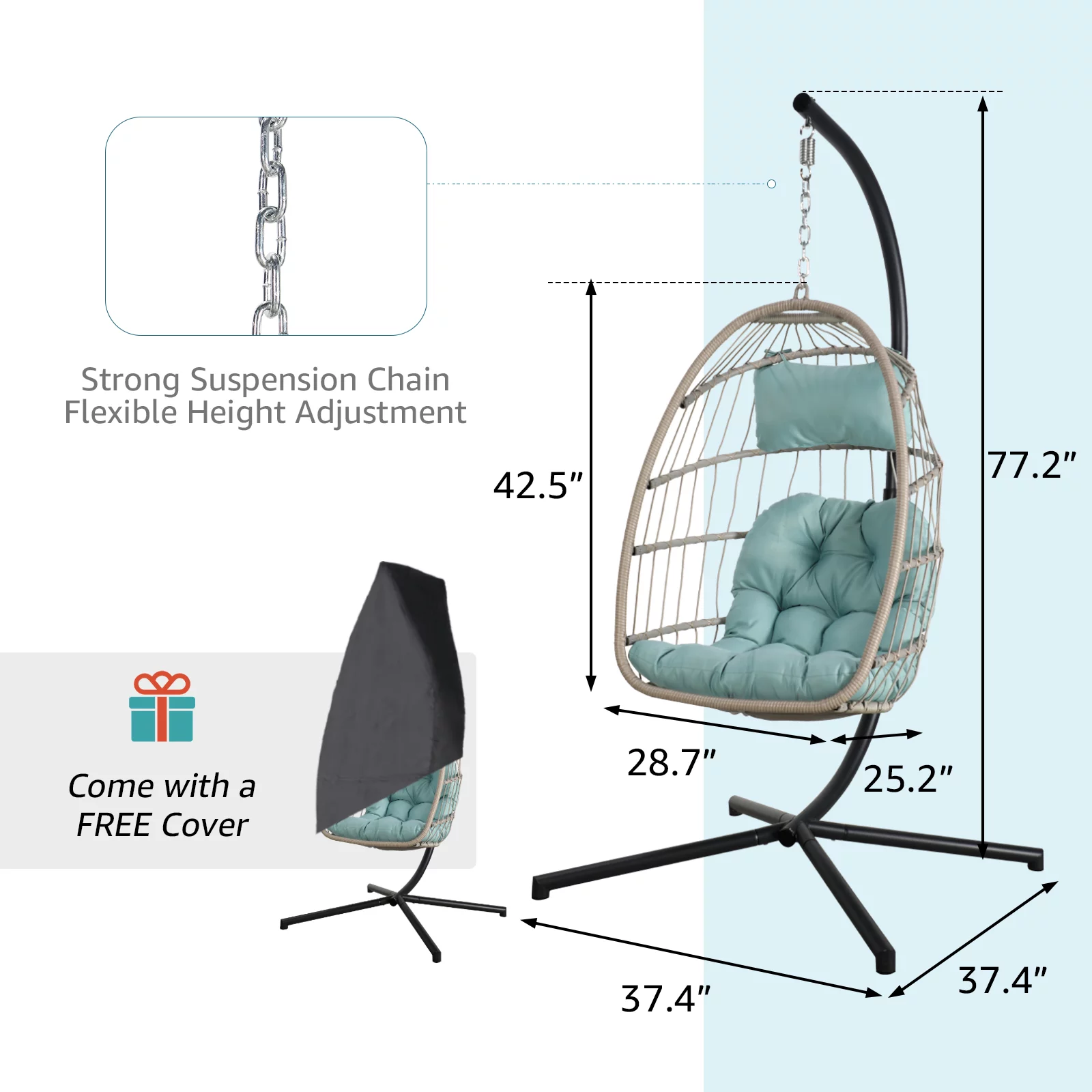 OC Orange-Casual Egg Chair with Stand and Cover, Patio Wicker Hanging Swing Chair, Indoor & Outdoor, Baby Blue