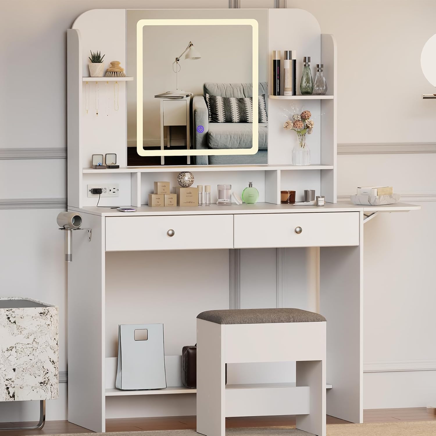 Vanity Set with Mirror and Stool and Lights, Small Makeup Vanity Desk with Fold-Up Panel, Adjustable 3 LED Lighting Colors, White Dressing Table with Open Shelves for Bedroom