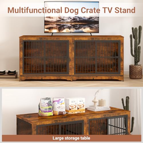 86 Inch Double Dog Crate Furniture with Divider, 4 Combination Forms Large Dog Kennel Furniture for 2 Dogs, Rustic Brown Corner Dog Kennel for Small Medium Large Dogs