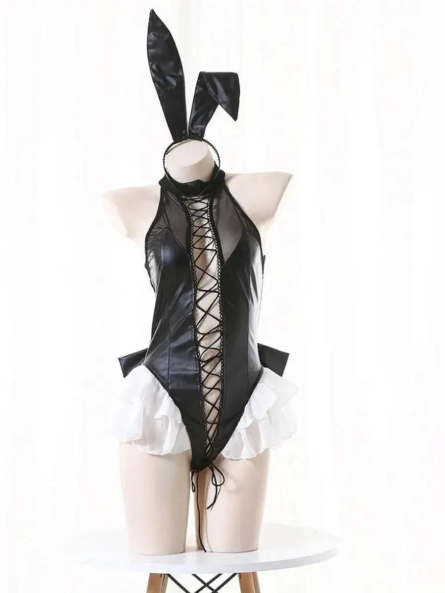 'Black Rabbit' Anime Girl Pu Leather Lace Up Lingerie
