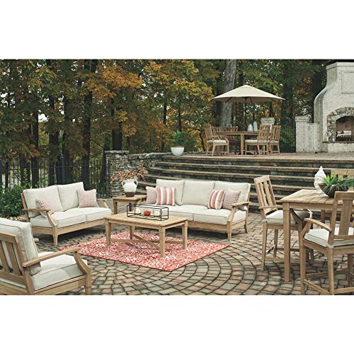 Signature Design by Ashley Carter Hall Outdoor Eucalyptus Patio Sofa with Cushion, Beige