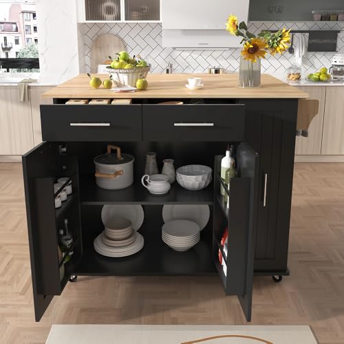 Rolling Kitchen Island on Wheels with Storage 3 Tier Cabinet and Drawers, Table with Towel and Spice Rack, Cart with Drop Leaf and Power Outlet (Type P. Black)