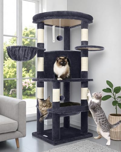 Globlazer Corner Cat Tree for Large Cats, 66inch Tall Curved Series Large Cat Tower for Multiple Indoor Cats with 6 Scratching Posts, 2 Spacious Cat Condos, Hammock, Hanging Basket, C66, Beige