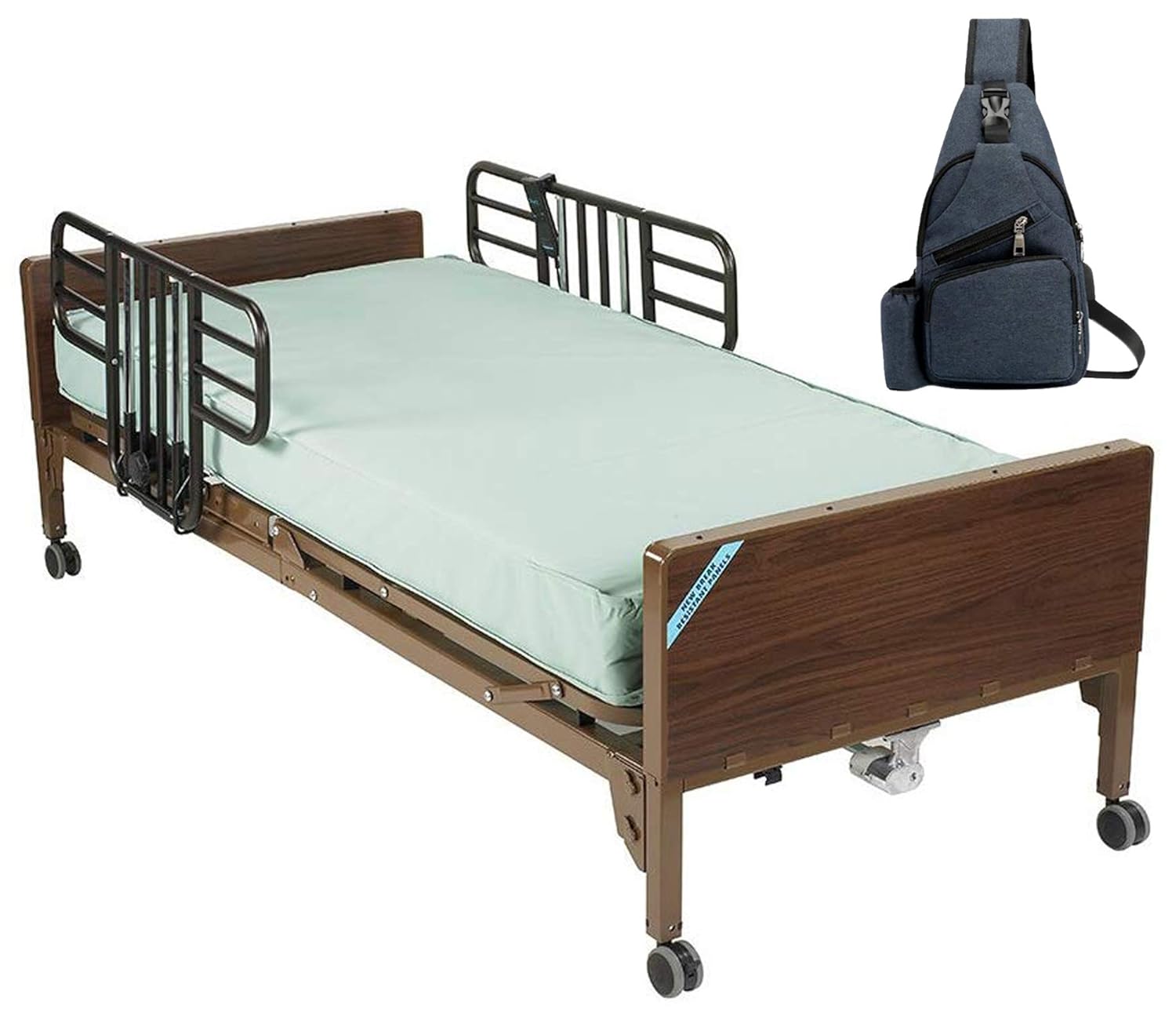 Drive Delta Ultra Light Full Electric Hospital Bed with Half Rails and 80" Innerspring Mattress & Free Medical Utility Navy Blue Bag!